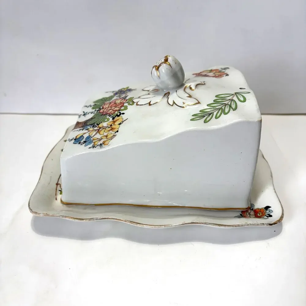 Vintage Floral Covered Cheese Keeper Butter Dish Gold Trim
